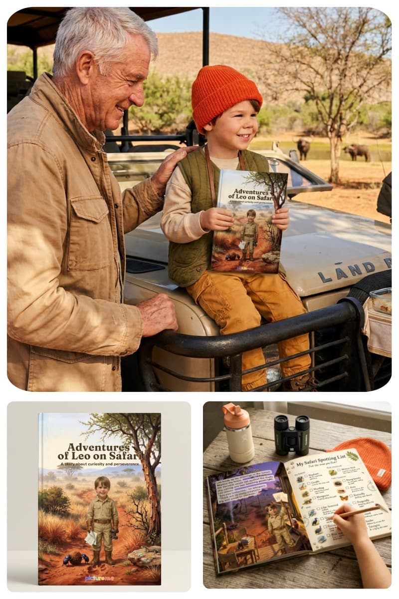 A grandpa and grandson with his personalised safari book on a game drive